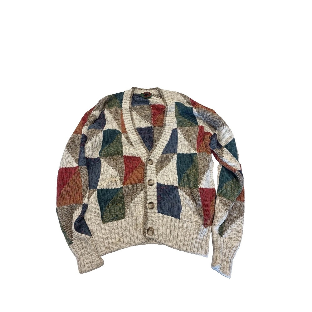 Vintage Boston Traders Cardigan Men's Large Retro Colorful Knit Geo Sweater 90s